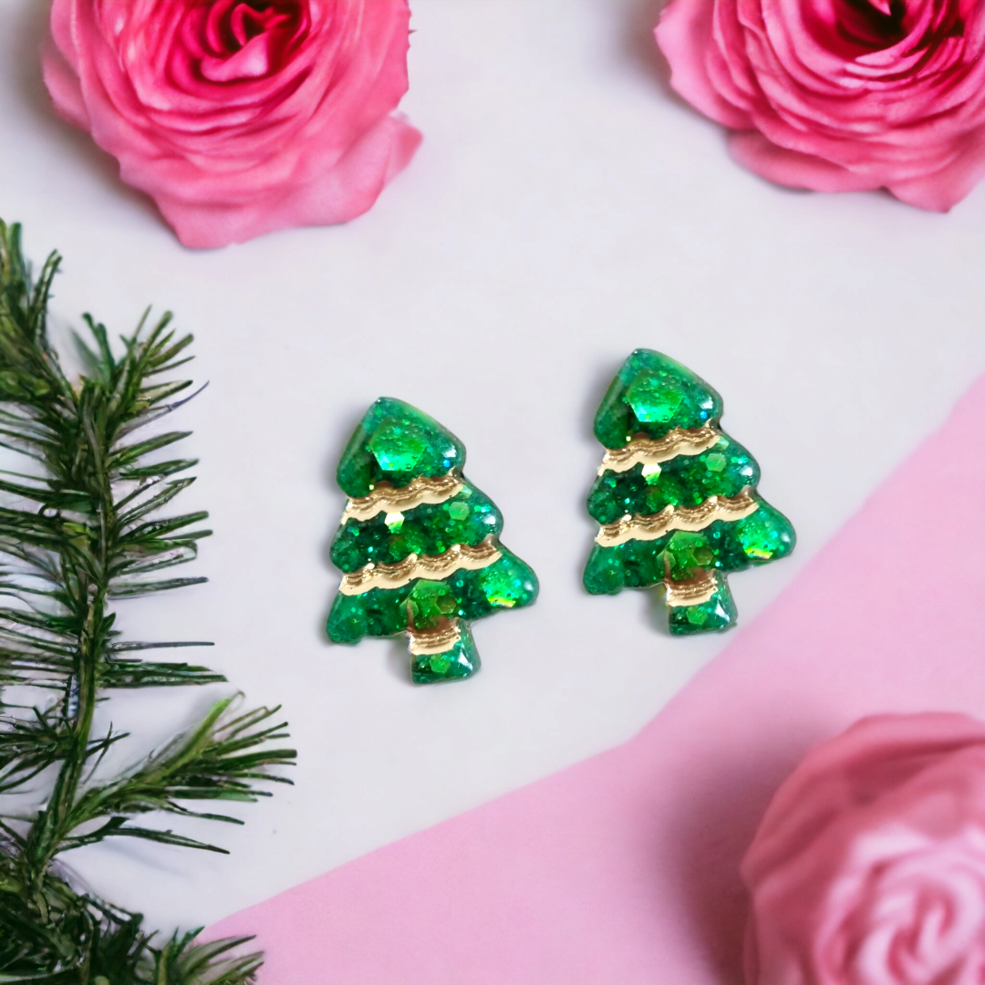 3D green glitter and gold mini tree stud earrings