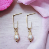 Long curled gold hoop and Pearl Hoop Earrings