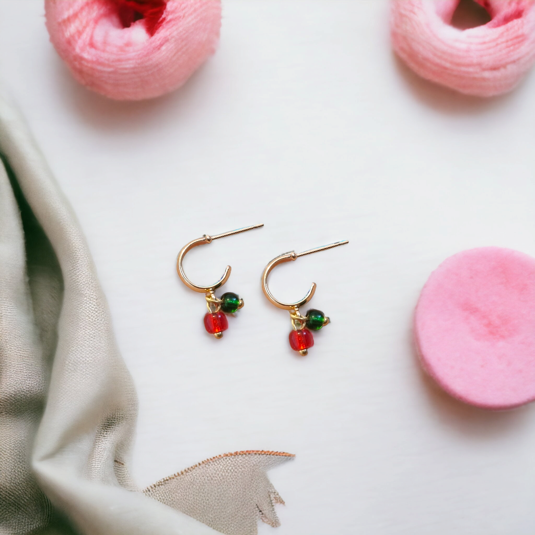 Teeny Tiny Gold Hoop and red and green bead earrings