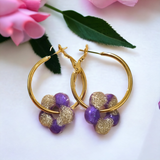 Chunky purple flower and gold glitter hoop Earrings
