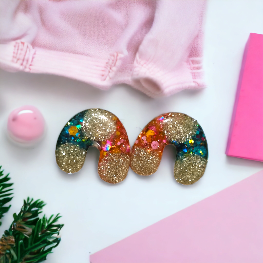 Chunky statement arch pink, turquoise and gold glitter Stud Earrings