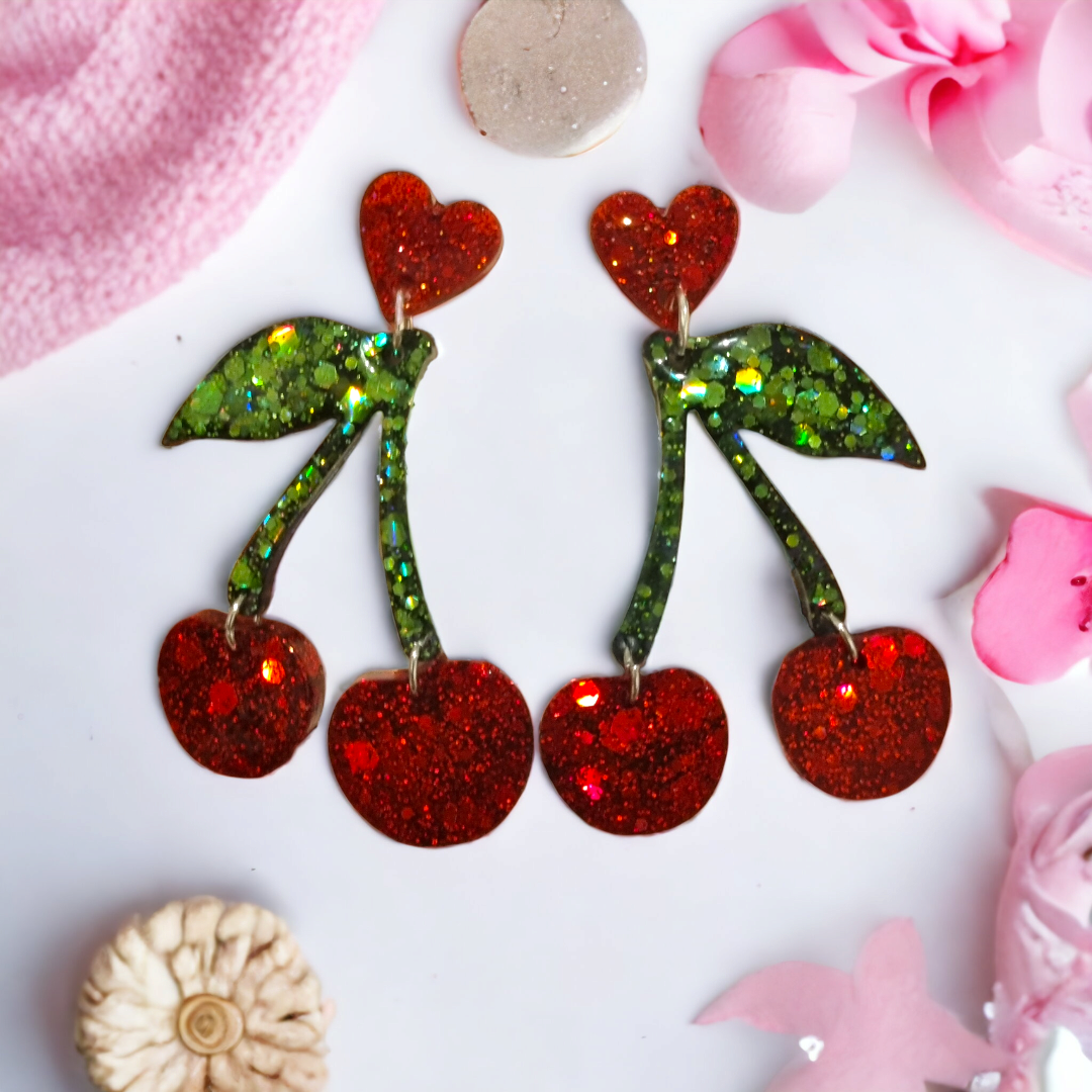 Heart Cherry Glitter Resin Earrings