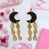 Large dangle black crescent moon and sparkles earrings