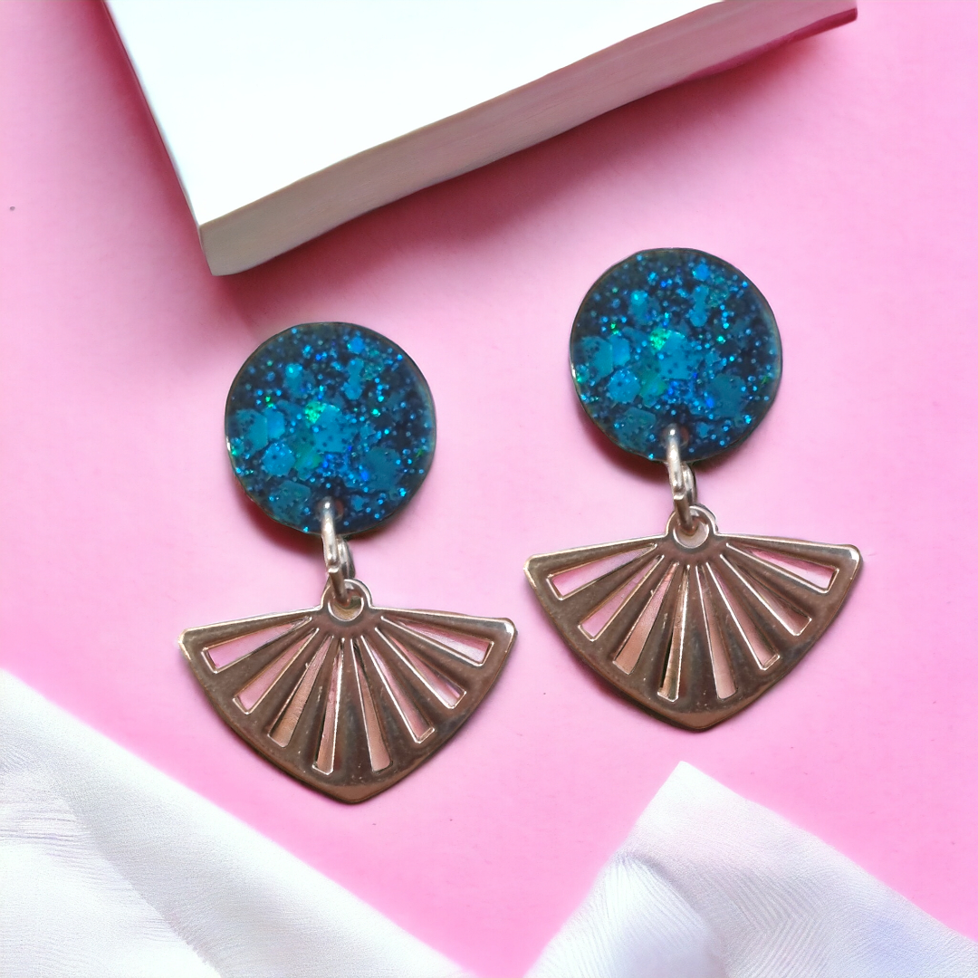 Chunky Turquoise Glitter and Rhodium Fan Earrings
