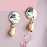Dainty Blue Floral and Pearl Stud Earrings