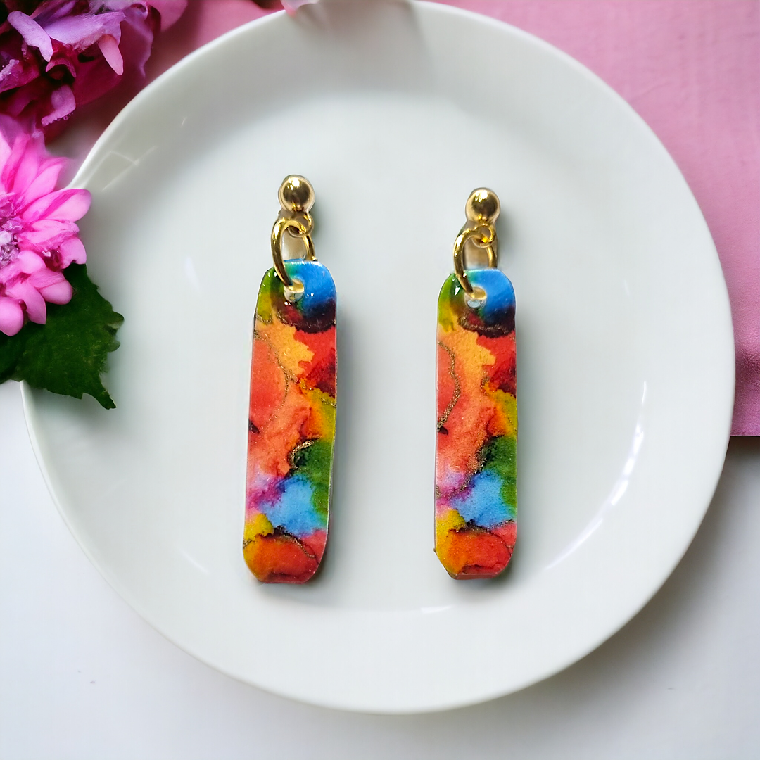Colourful alcohol ink effect gold rectangle dangle earrings