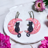 Large Pastel Pink Confetti Moon and Black Glitter Cat Hoop Earrings