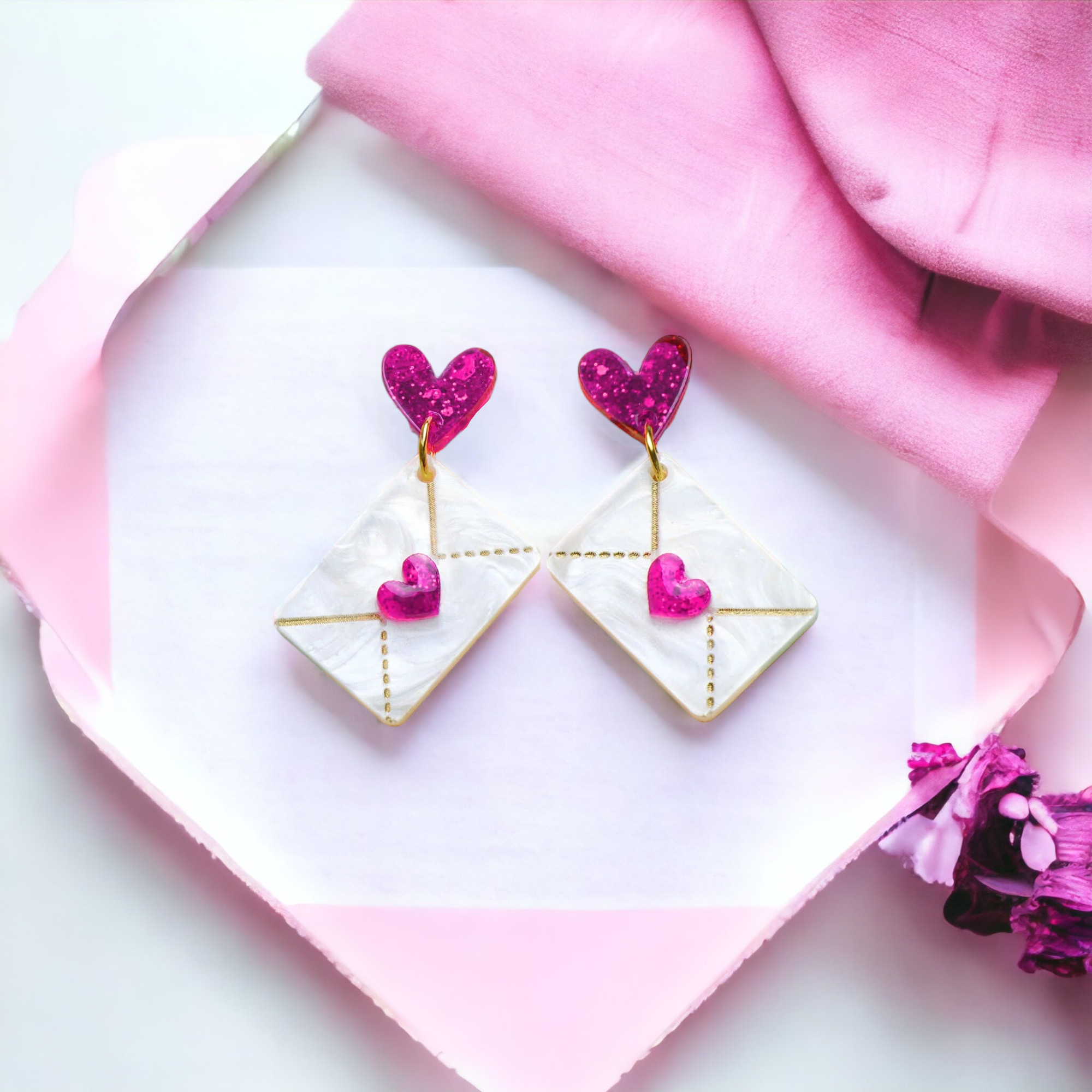 Pink and Pearly White Love Letter Dangle Earrings