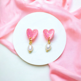 Pink Opal Heart and Pearl Stud Earrings