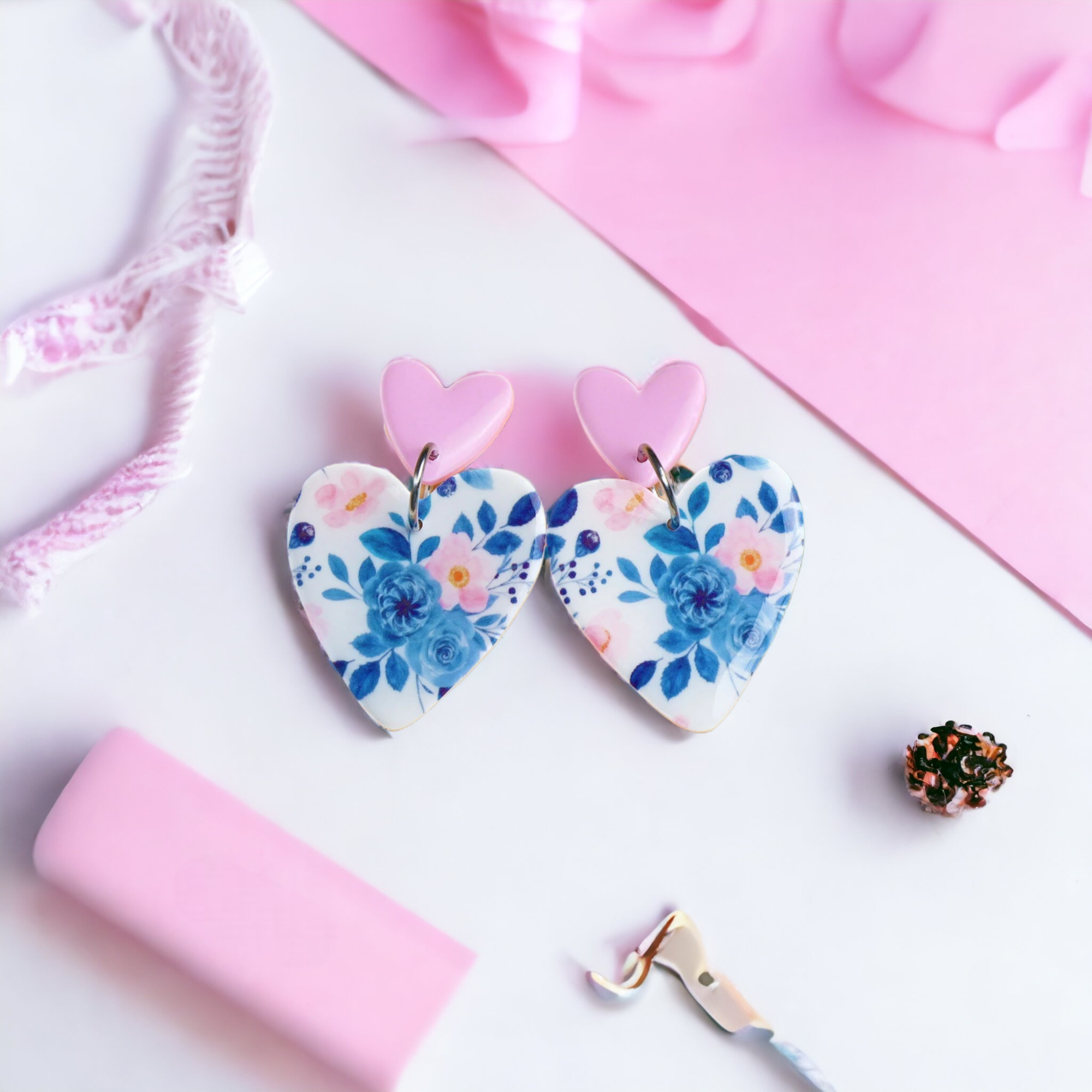 Duo Pink and Floral Large Heart Earrings