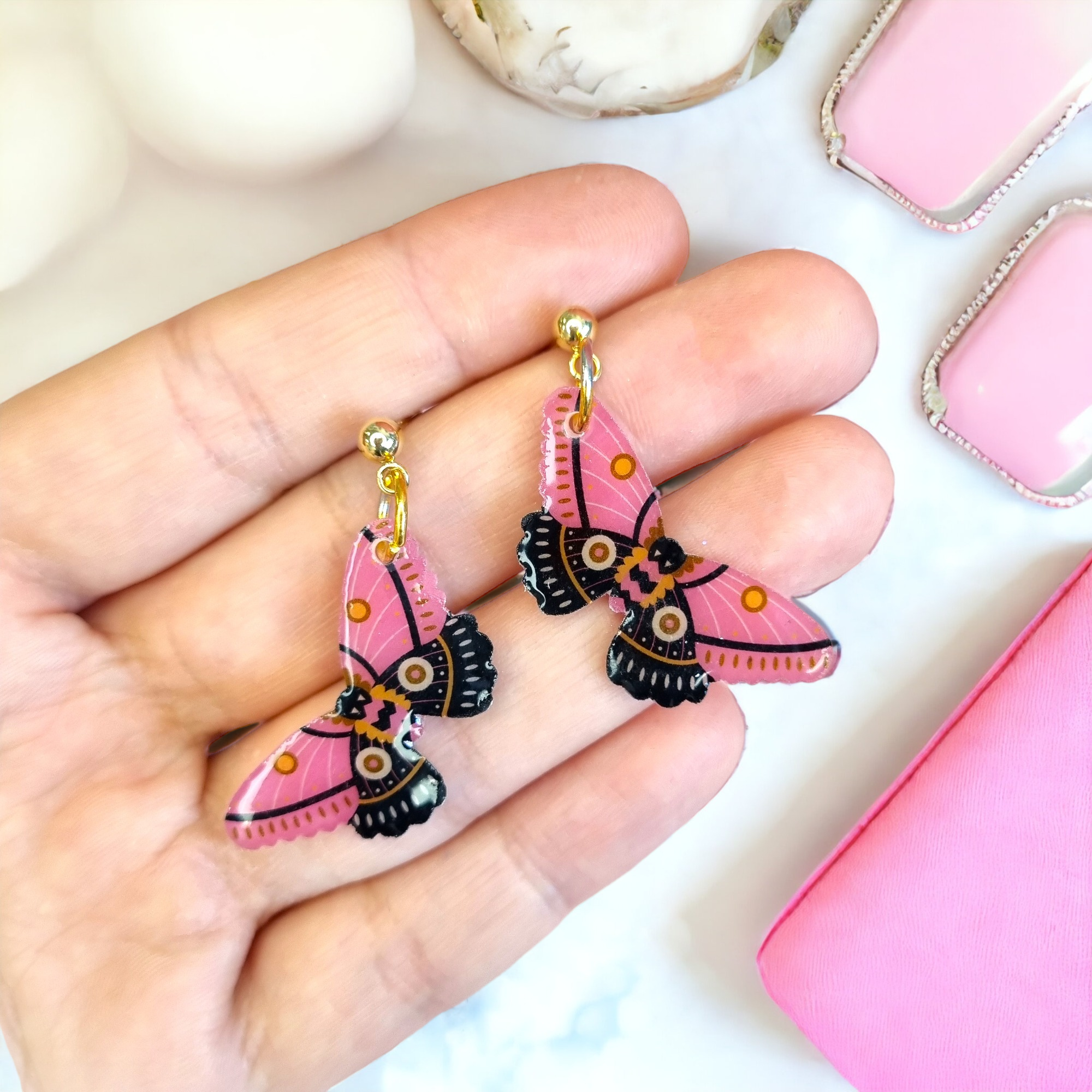 Pink and Black Moth Dangle Earrings