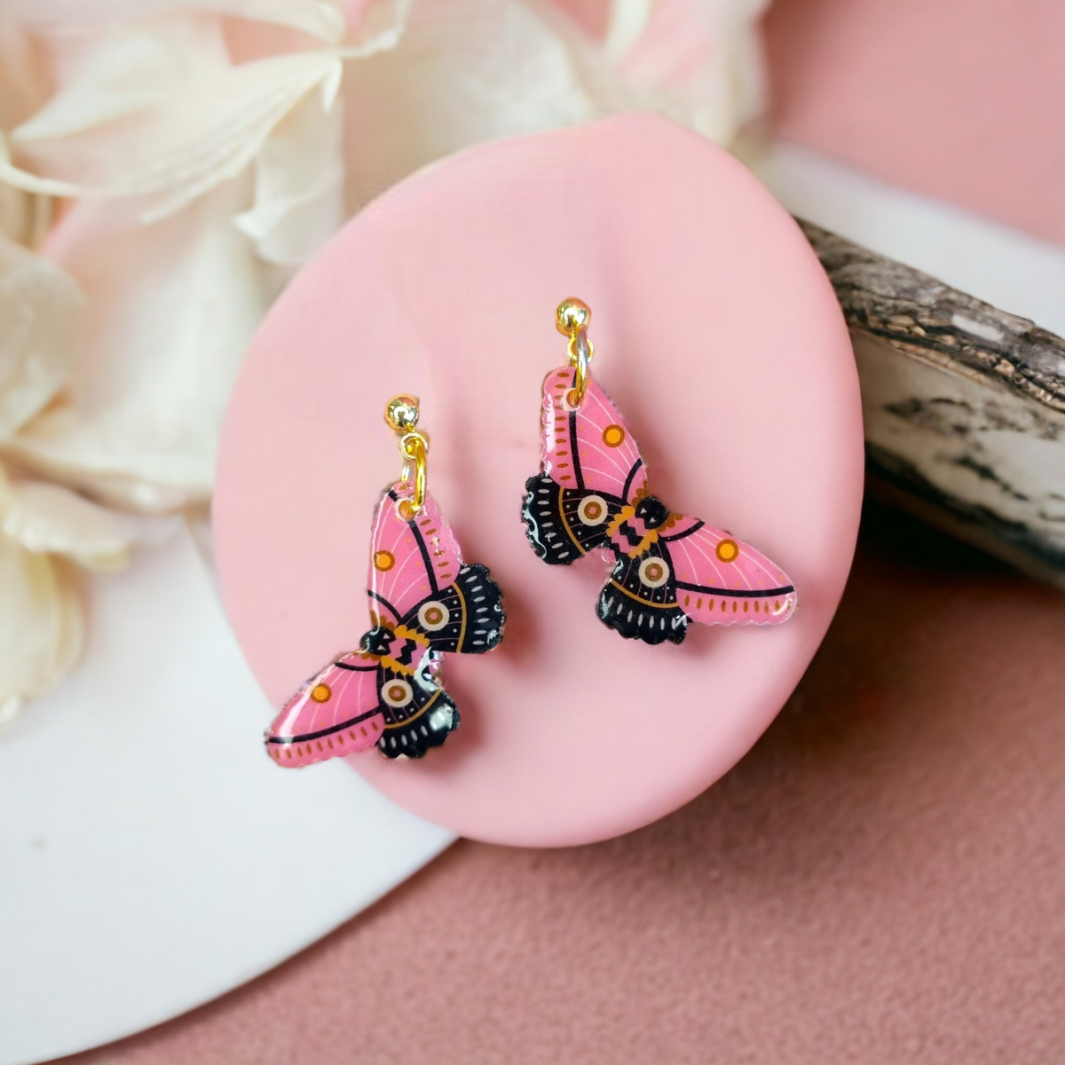 Pink and Black Moth Dangle Earrings