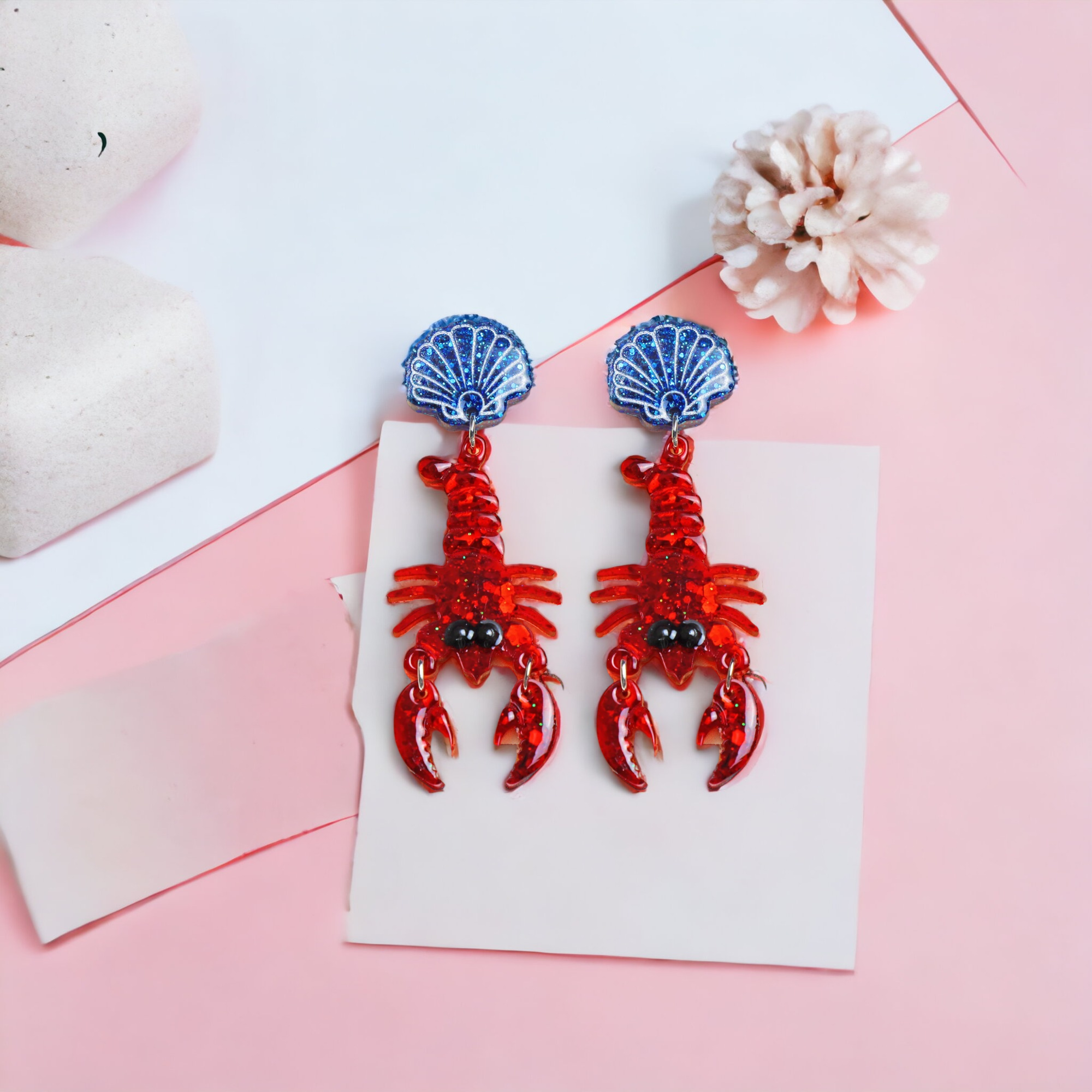 Red and Blue Glitter Lobster Dangle Earrings