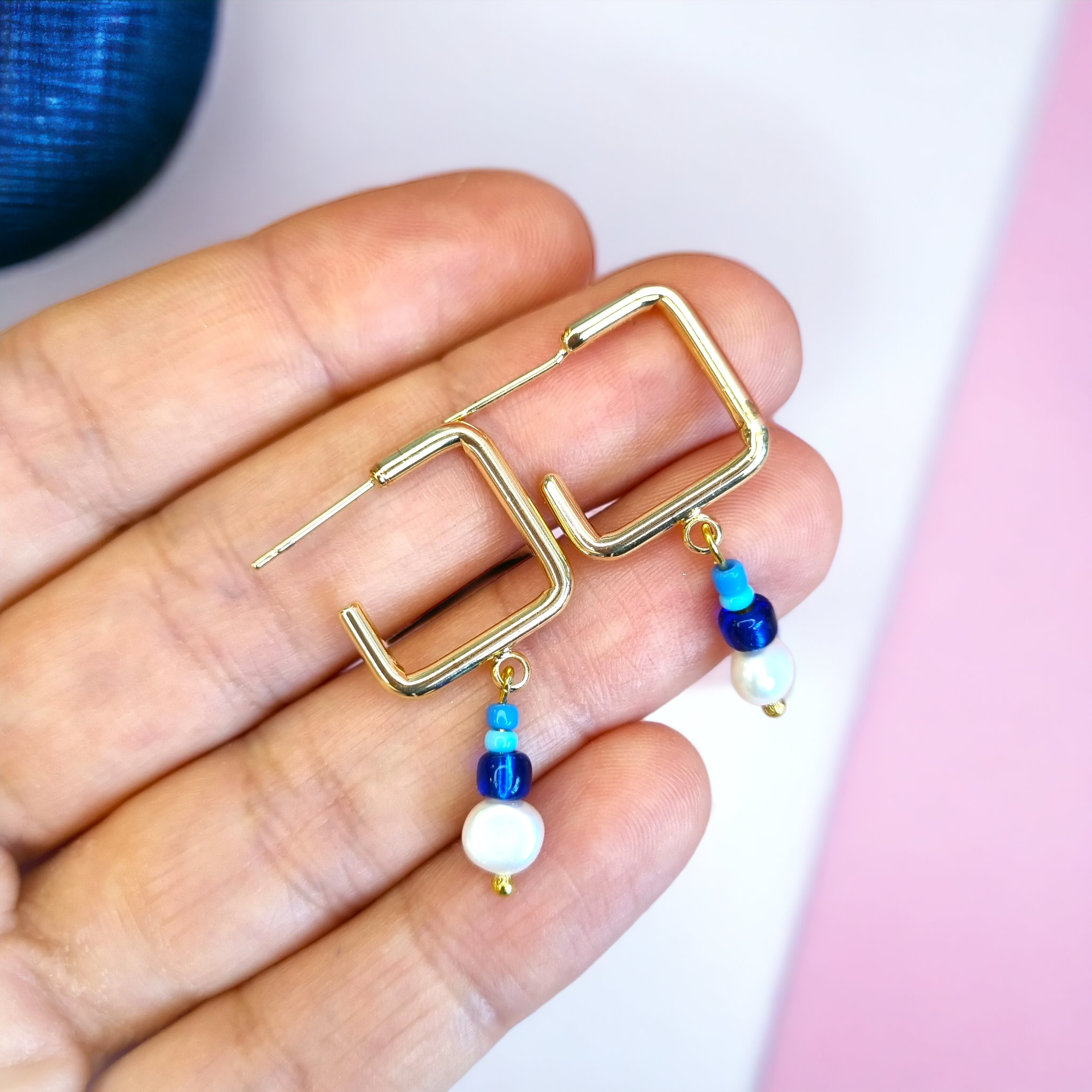 Rounded Square Dainty Blue and Freshwater Pearl Hoop Earrings