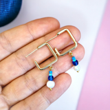 Rounded Square Dainty Blue and Freshwater Pearl Hoop Earrings
