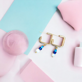 Rounded Square Dainty Blue and Freshwater Pearl Hoop Earrings