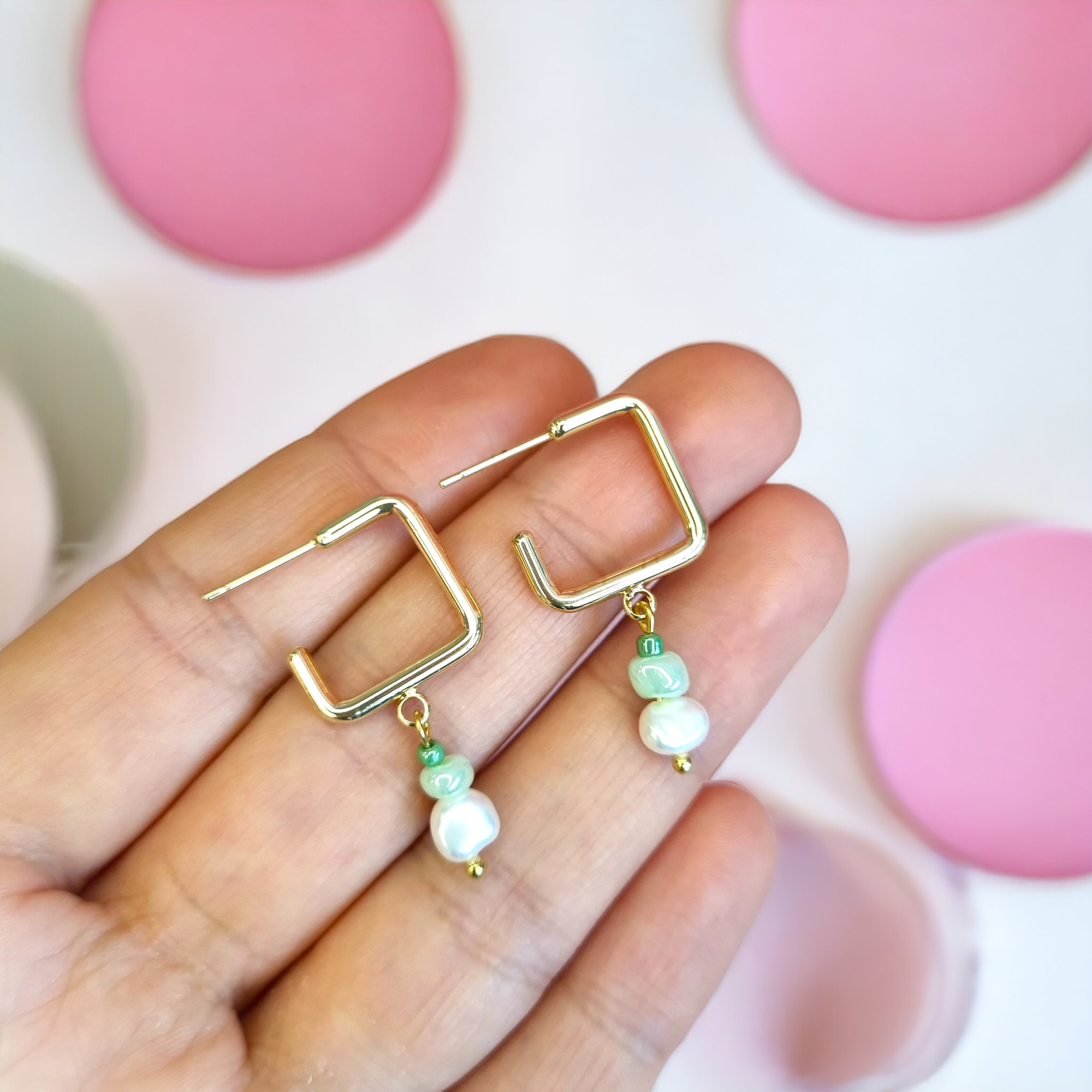 Rounded Square Dainty Green and Freshwater Pearl Hoop Earrings