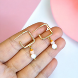 Rounded Square Dainty Peachy Orange and Freshwater Pearl Hoop Earrings