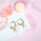 Rounded Square Dainty Peachy Orange and Freshwater Pearl Hoop Earrings