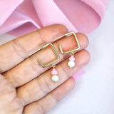 Rounded Square Dainty Pink and Freshwater Pearl Hoop Earrings