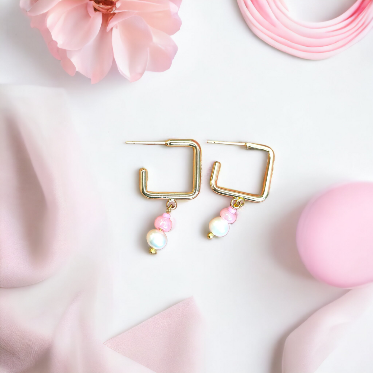 Rounded Square Dainty Pink and Freshwater Pearl Hoop Earrings
