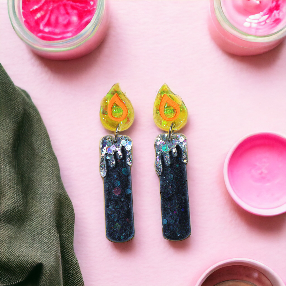 Large Halloween Black Candle Dangle Earrings