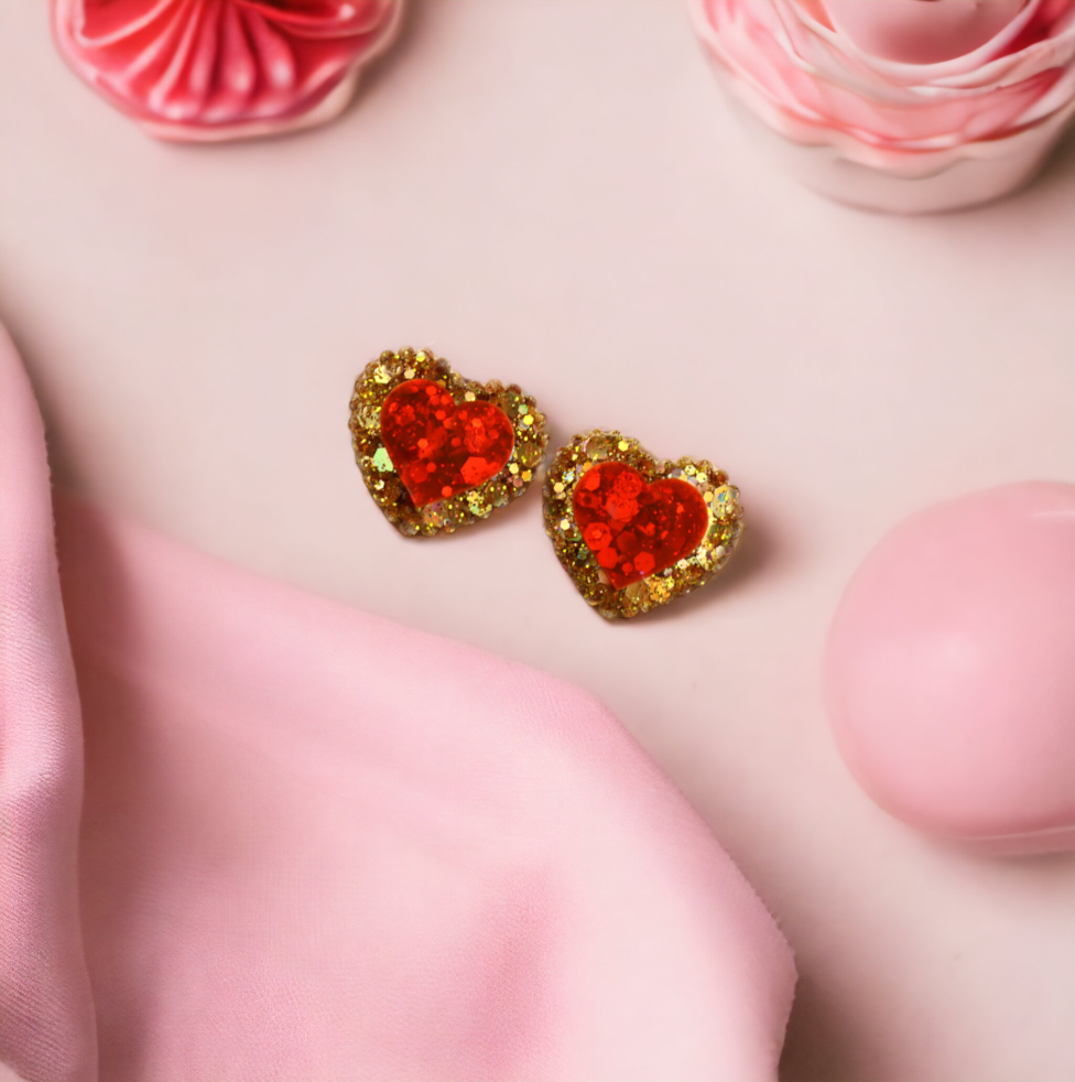 Chunky Gold and Red Heart Stud Earrings