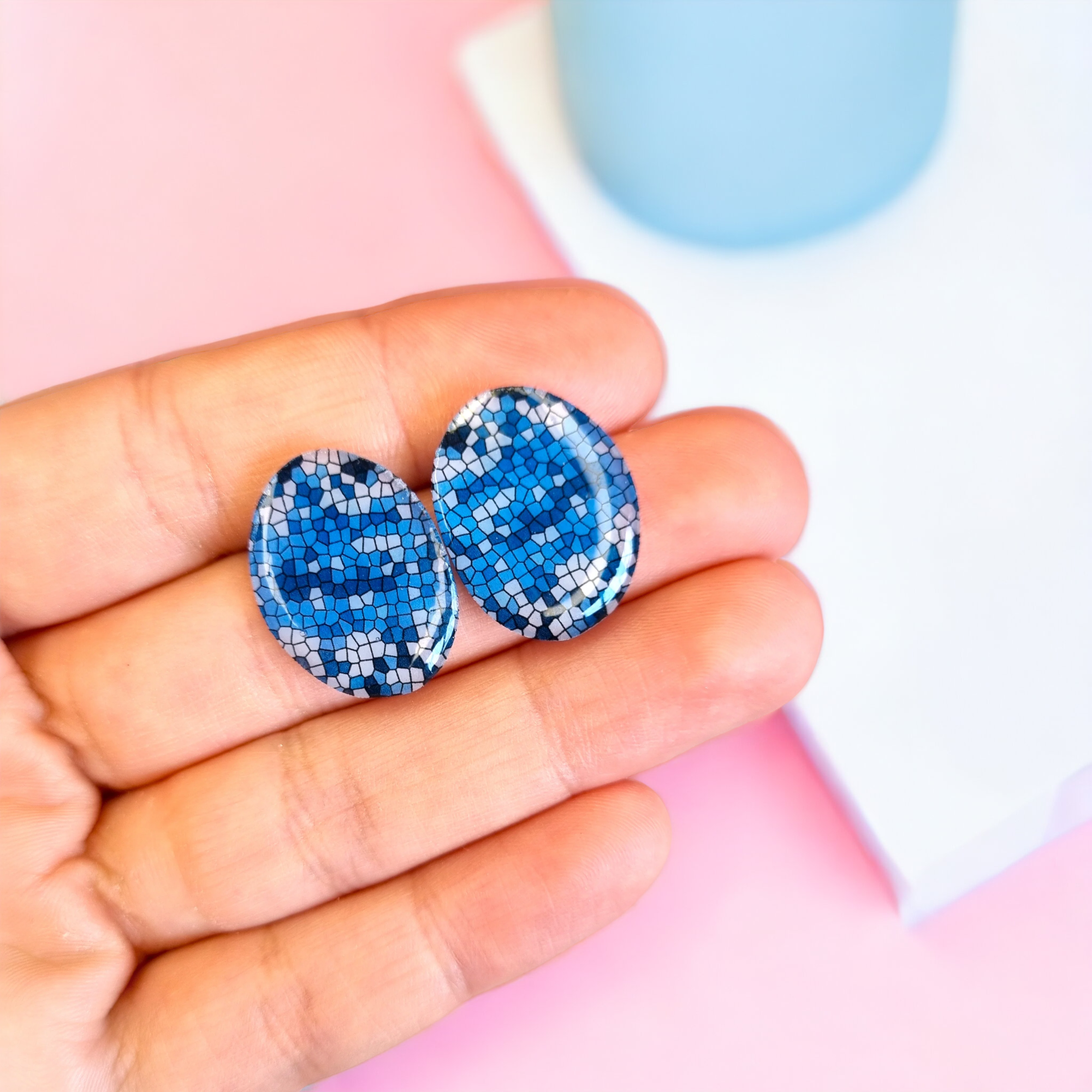 Statement Blue and White Funky Stud Earrings