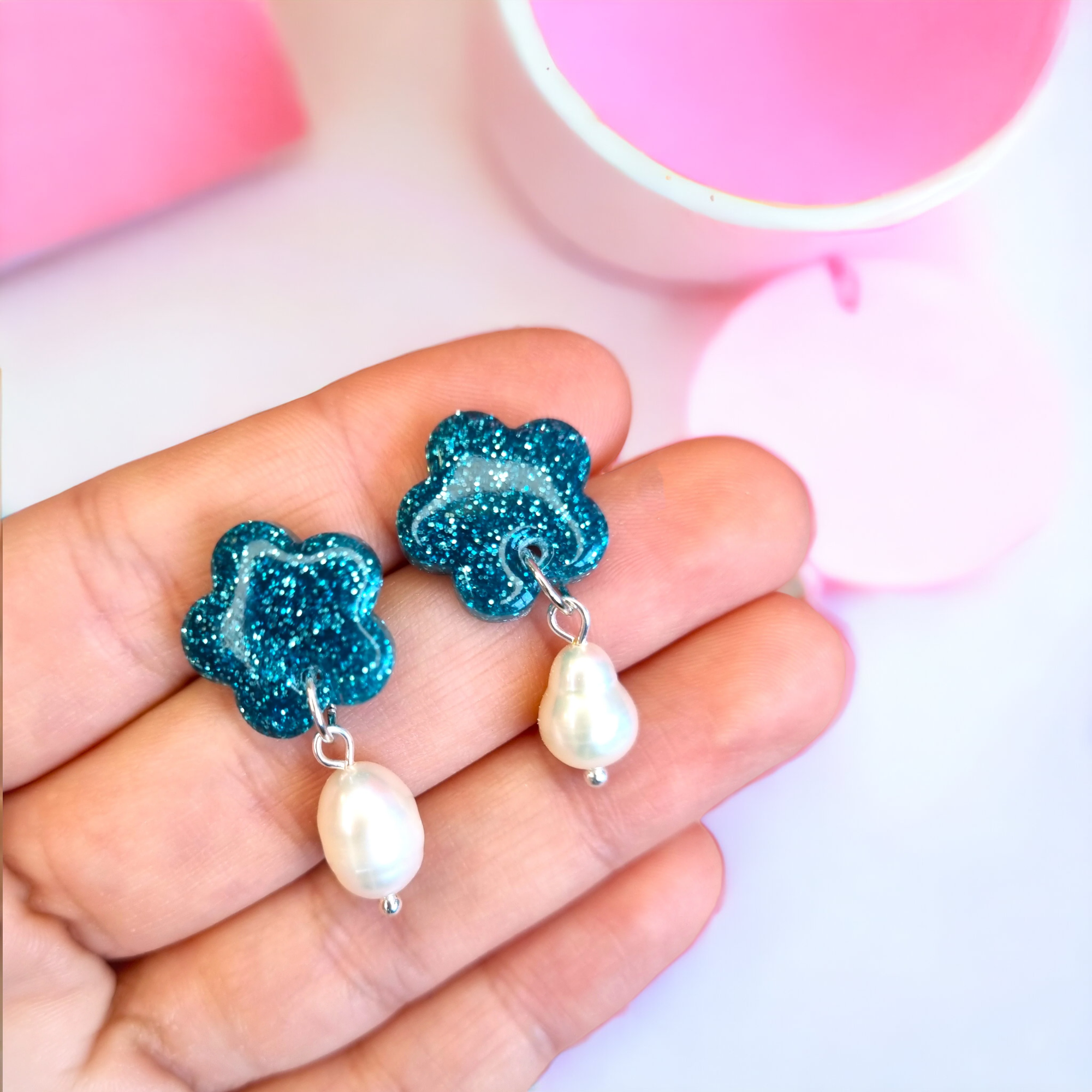 Turquoise Flower and Freshwater Pearl Dainty Earrings