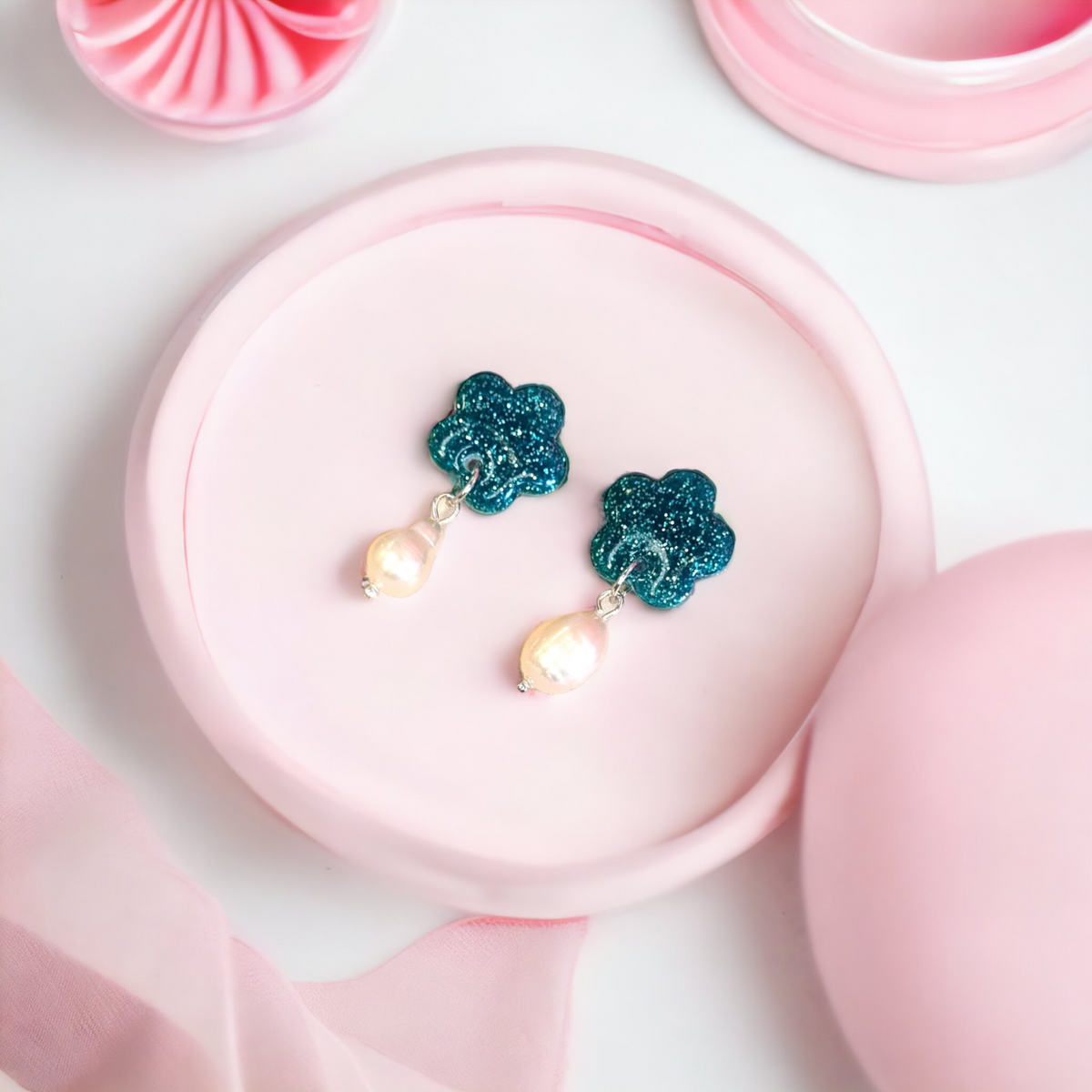 Turquoise Flower and Freshwater Pearl Dainty Earrings