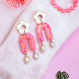 White flower, Pink Glitter Arch and Freshwater Pearl Statement Earrings