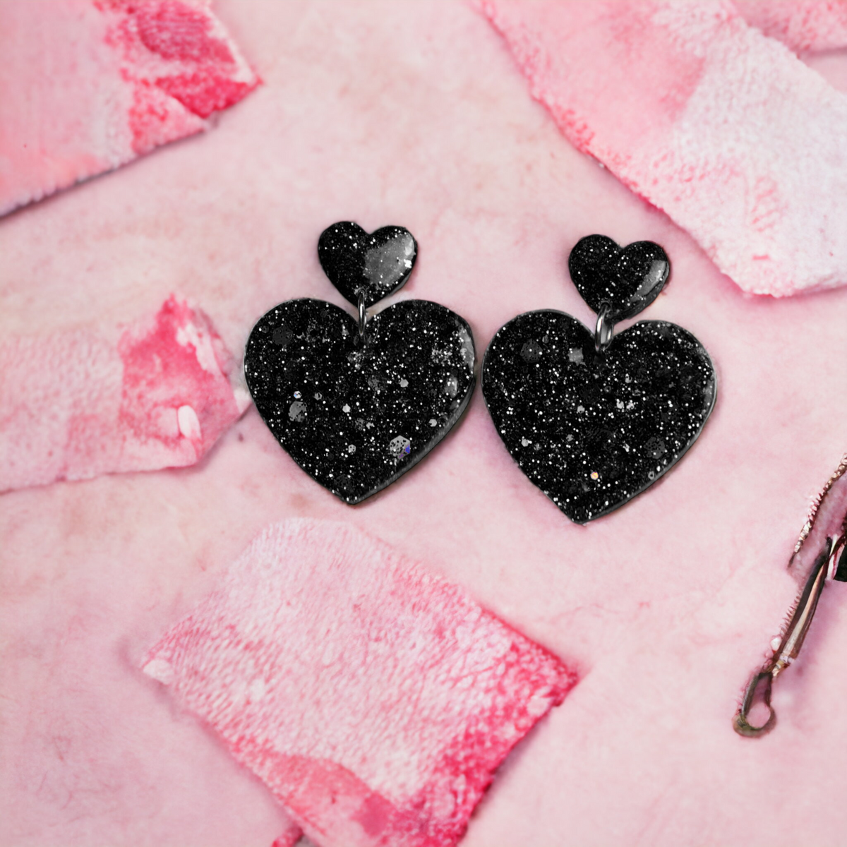 Duo Large Black Glitter Heart Earrings
