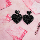 Duo Large Black Glitter Heart Earrings