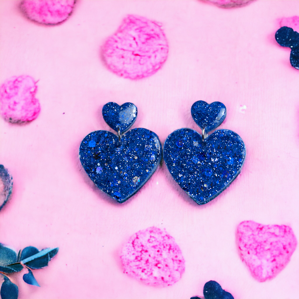 Duo Large Blue Glitter Heart Earrings