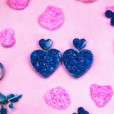 Duo Large Blue Glitter Heart Earrings