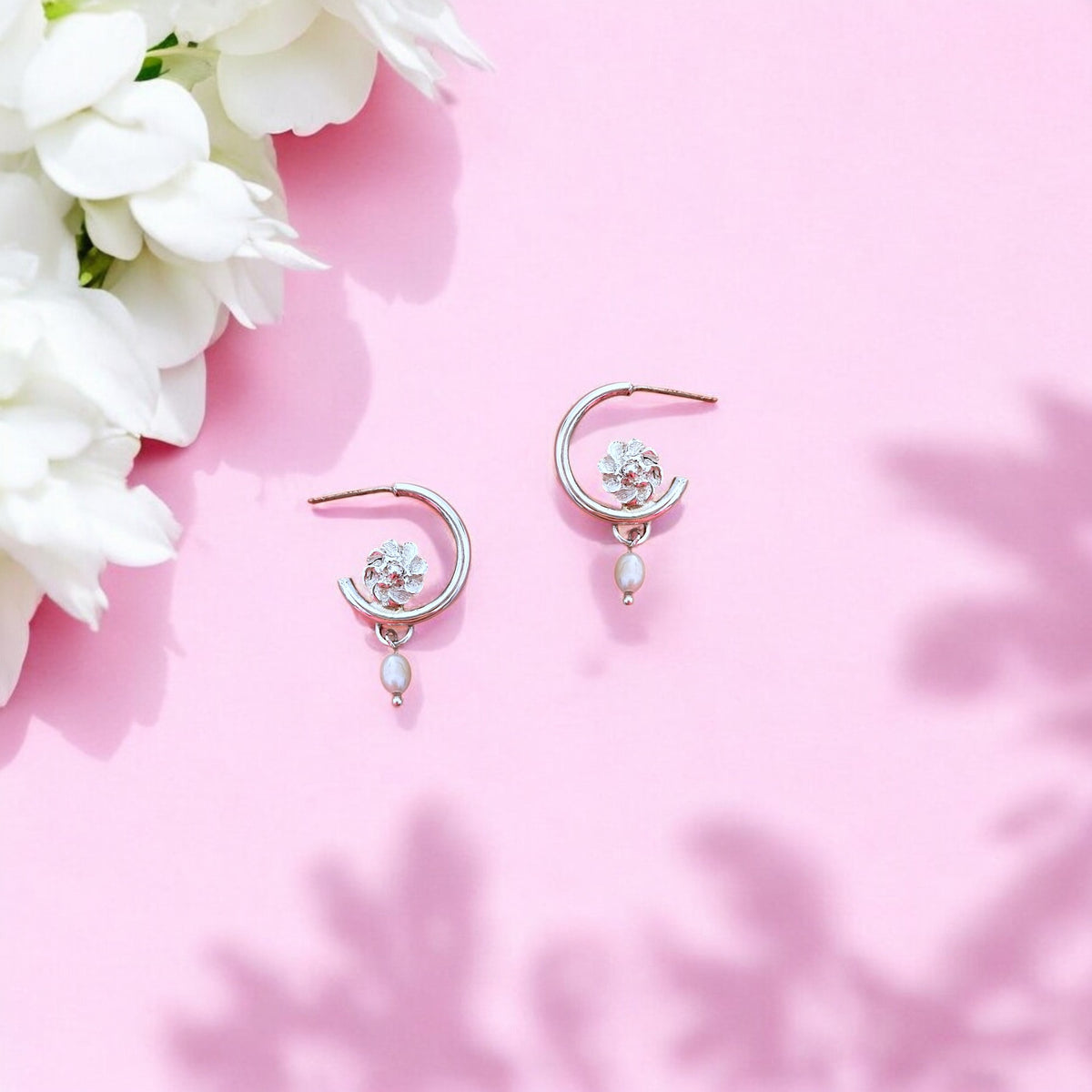 Flower Hoop Pearl Earrings