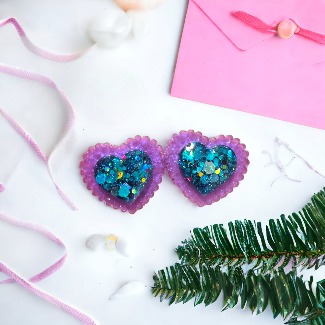 Chunky purple and turquoise glitter layered heart stud earrings