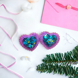 Chunky purple and turquoise glitter layered heart stud earrings