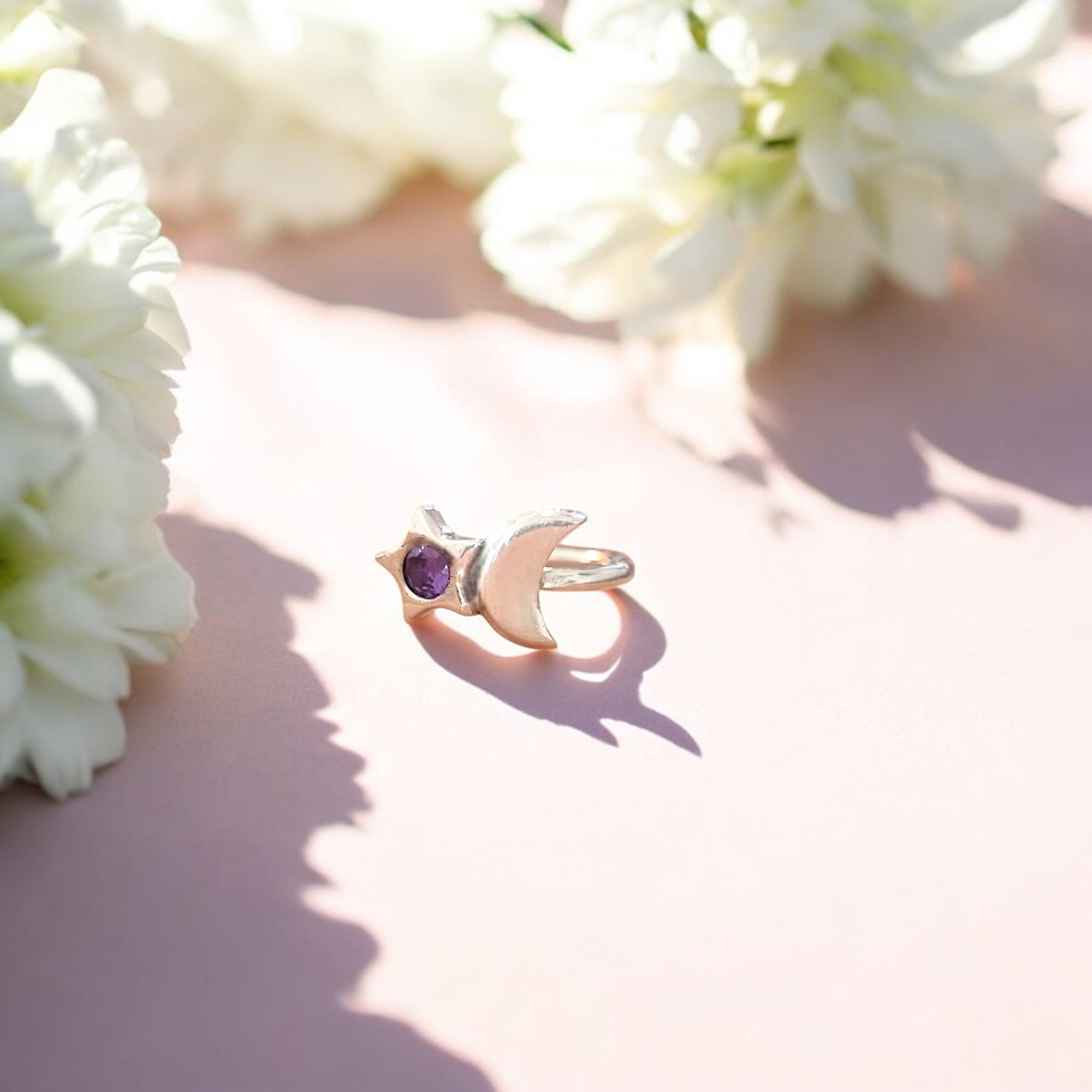 Moon and Star Purple Cubic Zirconia Ring