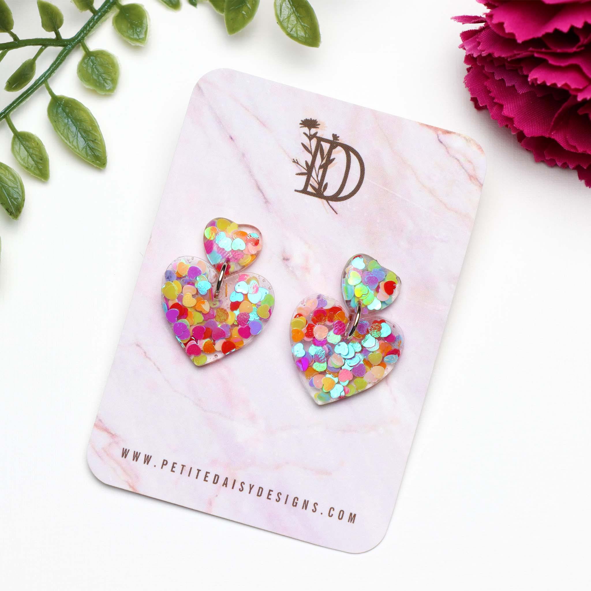 Duo Confetti Hearts Resin Earrings - Petite Daisy Designs
