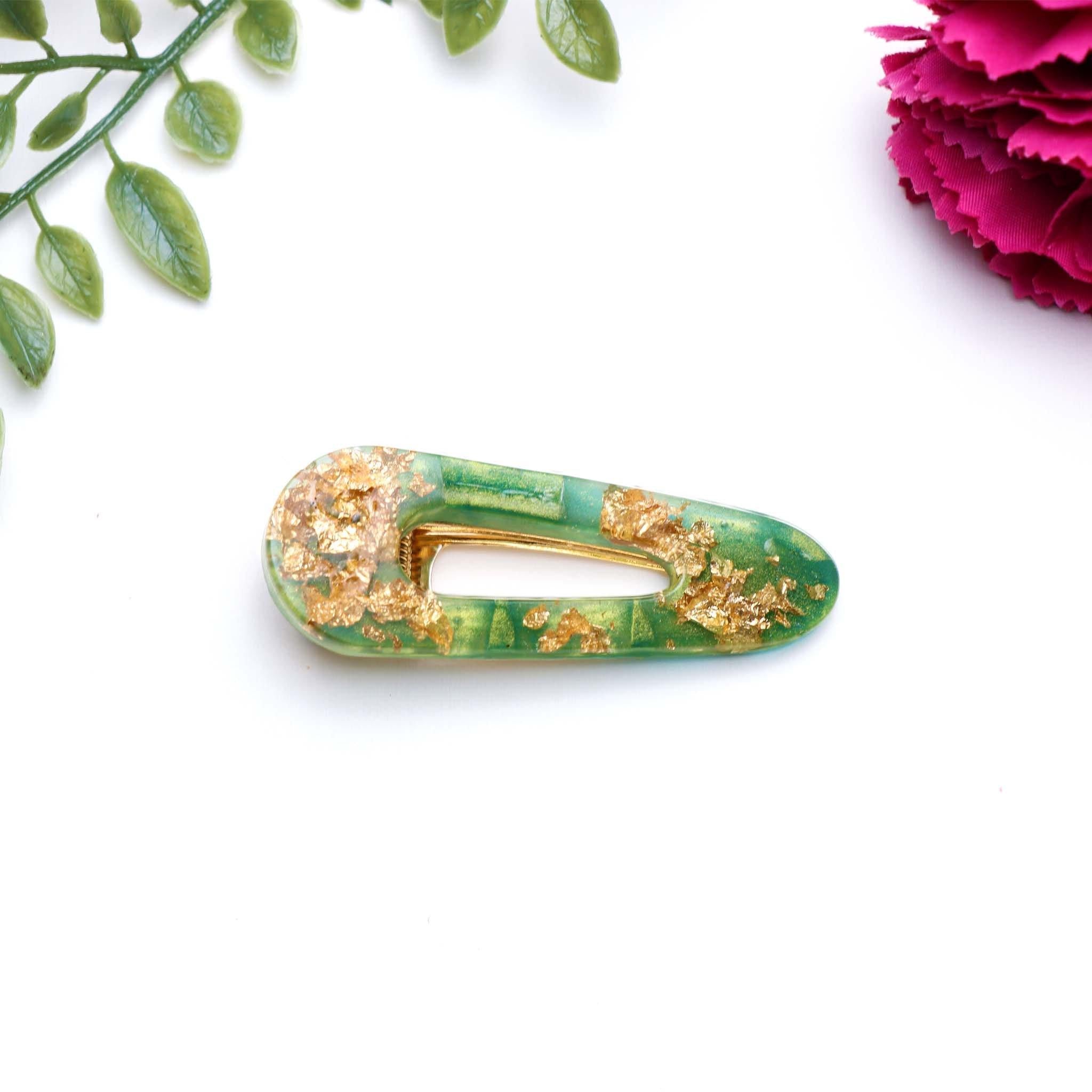 Large Green and Gold Resin Hairclip (Matching Earrings Available) - Petite Daisy Designs