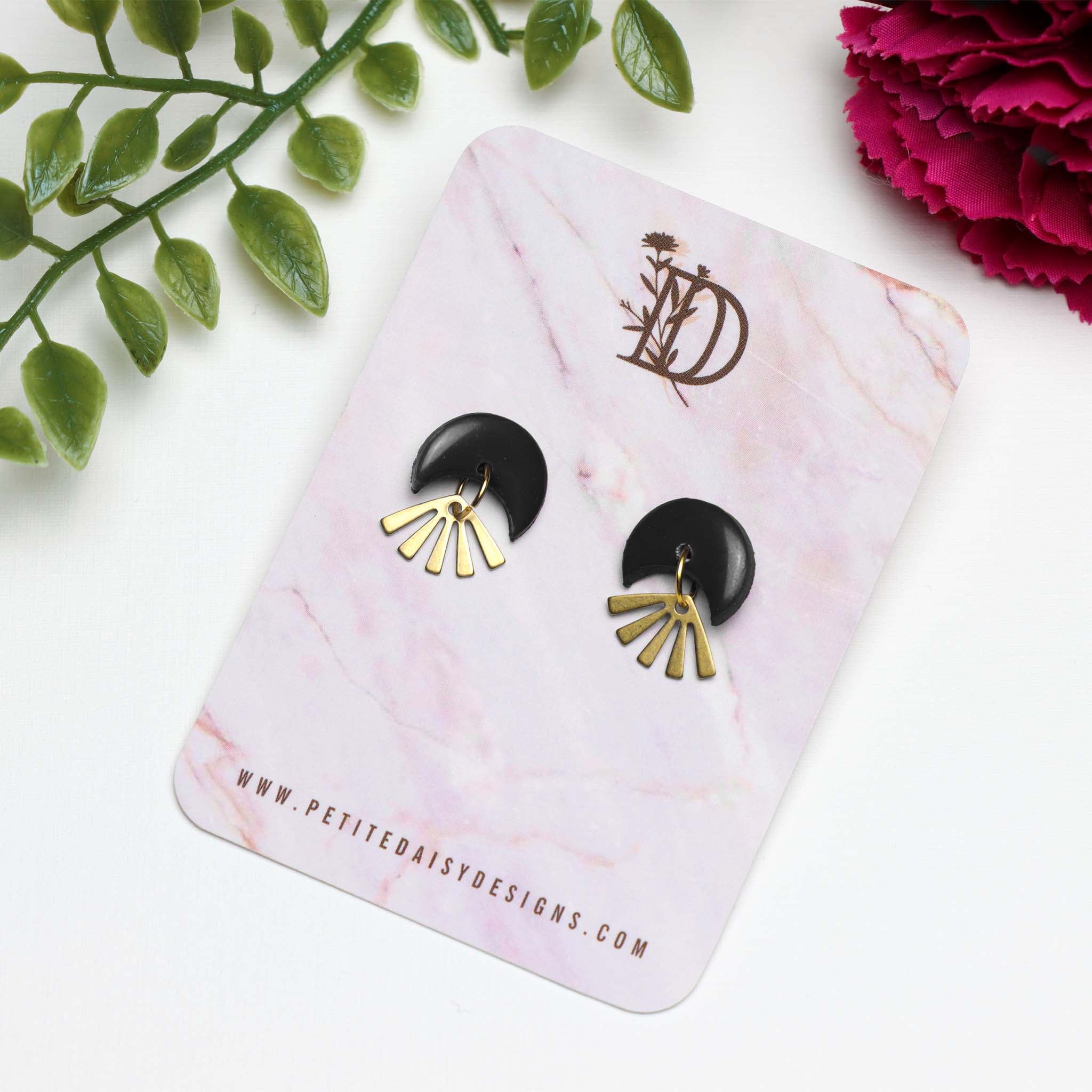 Tiny Black Crescent Moon with Brass Fan Charm Earrings