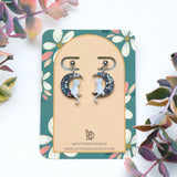 Mini Silver Moon and White Cat Dangle Earrings