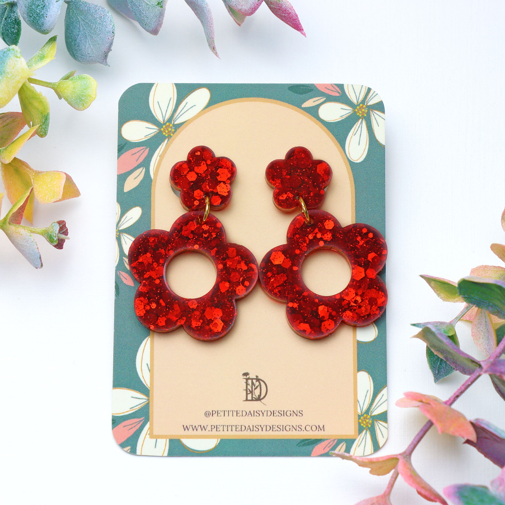 Red Duo Flower Glitter Earrings