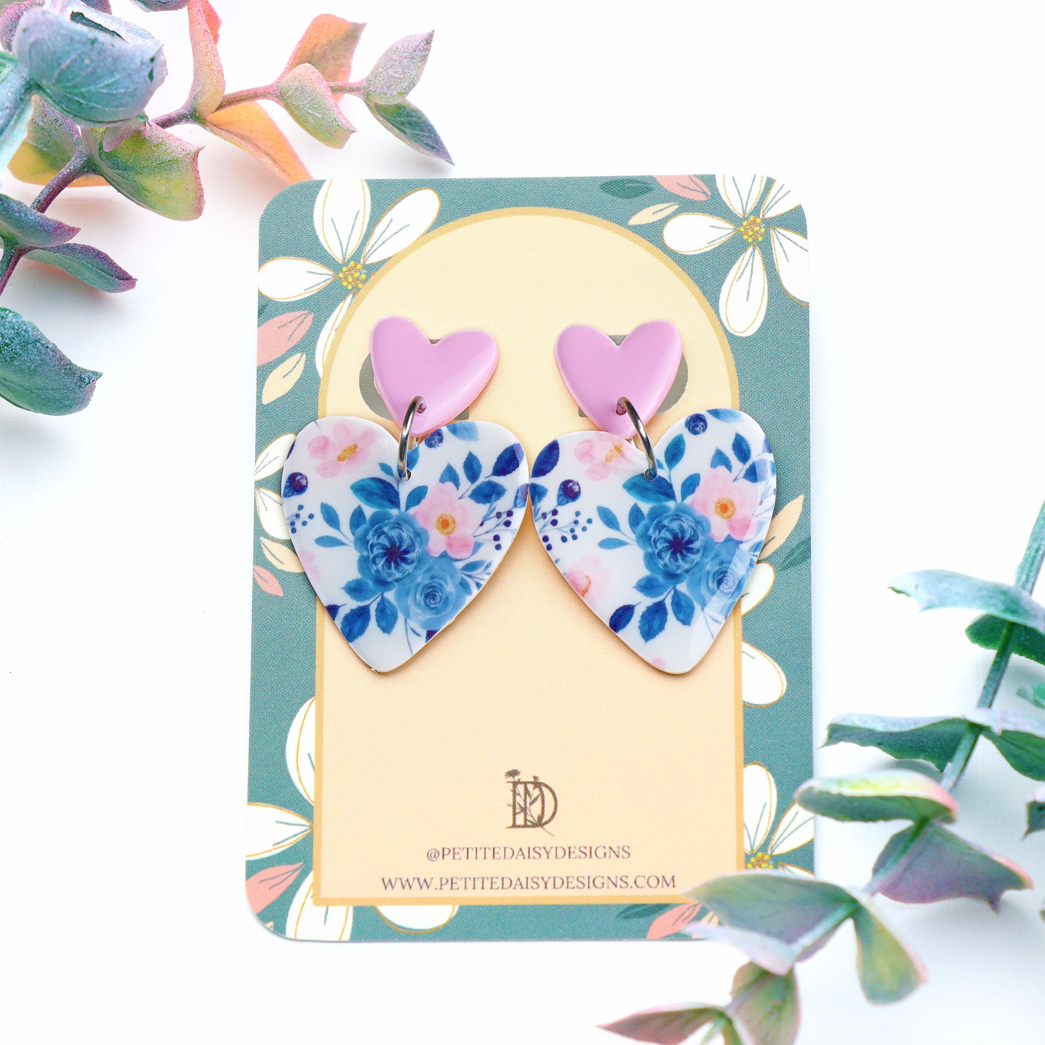 Duo Pink and Floral Large Heart Earrings