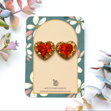 Chunky Gold and Red Heart Stud Earrings